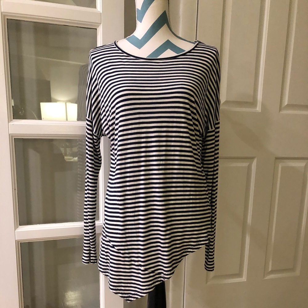 Cabi Navy Boat Stripe Asymmetrical Hem Tee